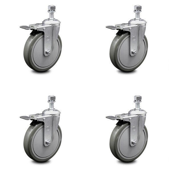 6 Inch Gray Polyurethane Swivel 1/2 Inch Stem Caster Set with Total Lock Brake